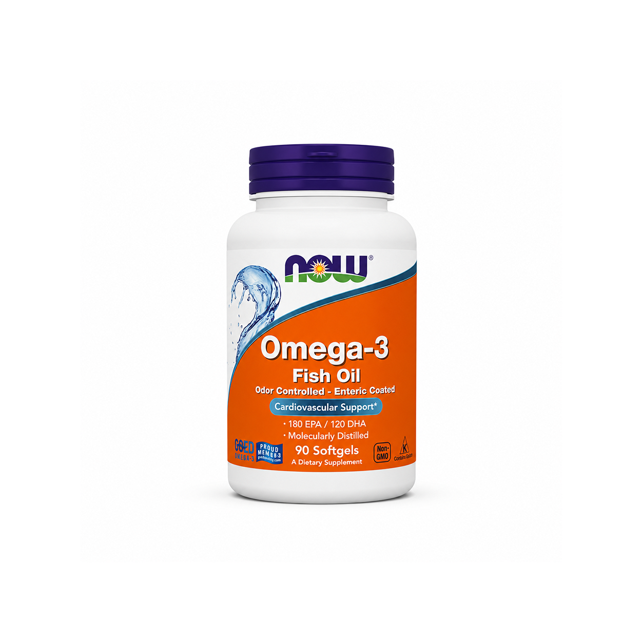 NOW Omega-3 Fish Oil Odor Controlled Enteric Coated Dietary Supplement Softgels 90 Softgels supporting heart and brain health
