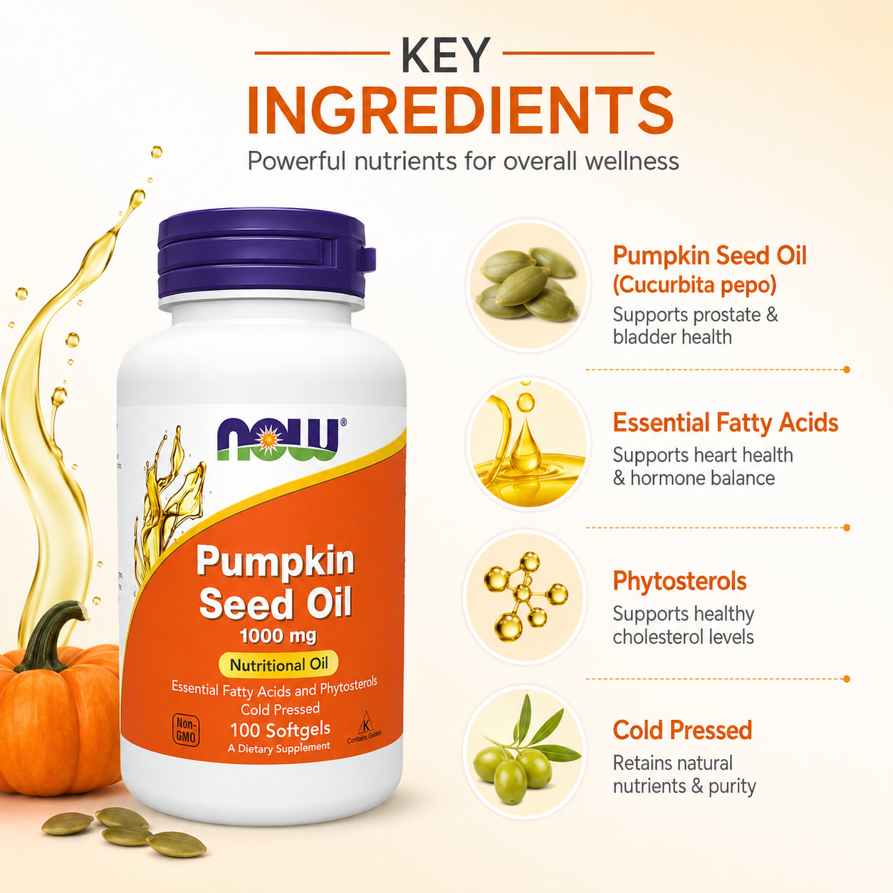 NOW Pumpkin Seed Oil 1000 mg Nutritional Oil dietary supplement 100 softgels supporting prostate and bladder health with cold pressed pumpkin seed oil.