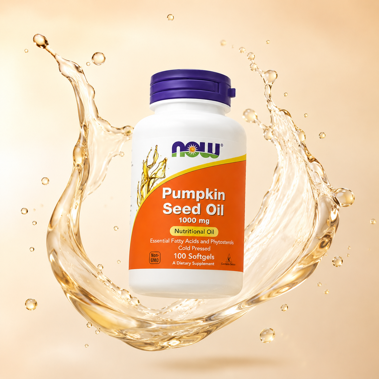 NOW Pumpkin Seed Oil 1000 mg Nutritional Oil dietary supplement 100 softgels supporting prostate and bladder health with cold pressed pumpkin seed oil.
