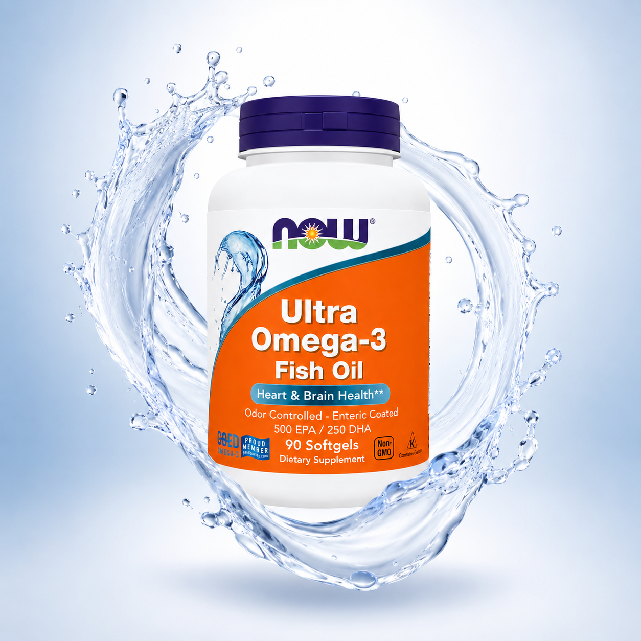 NOW Ultra Omega-3 Fish Oil Heart & Brain Health 90 Softgels omega-3 supplement supporting heart and brain health with 500 EPA and 250 DHA.