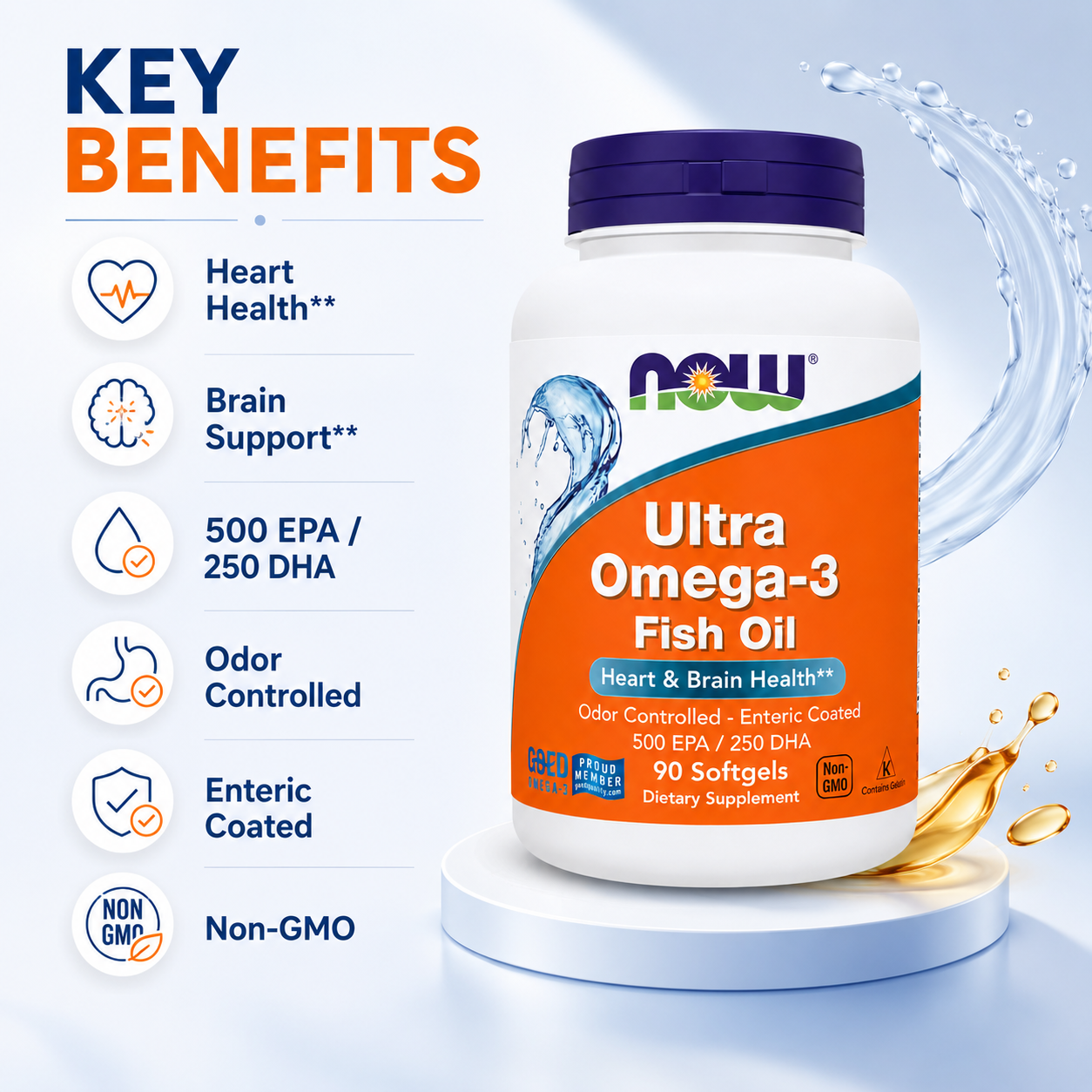 NOW Ultra Omega-3 Fish Oil Heart & Brain Health 90 Softgels omega-3 supplement supporting heart and brain health with 500 EPA and 250 DHA.