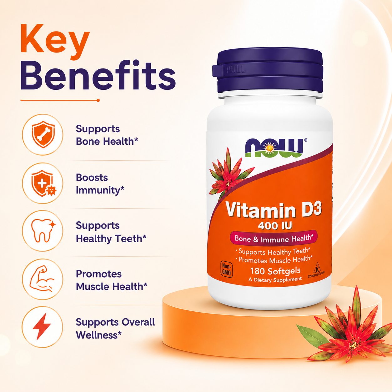 NOW Vitamin D3 400 IU Bone & Immune Health Dietary Supplement Softgels 180 Softgels supporting healthy bones and immune function