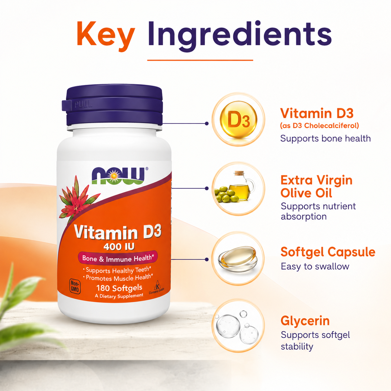 NOW Vitamin D3 400 IU Bone & Immune Health Dietary Supplement Softgels 180 Softgels supporting healthy bones and immune function