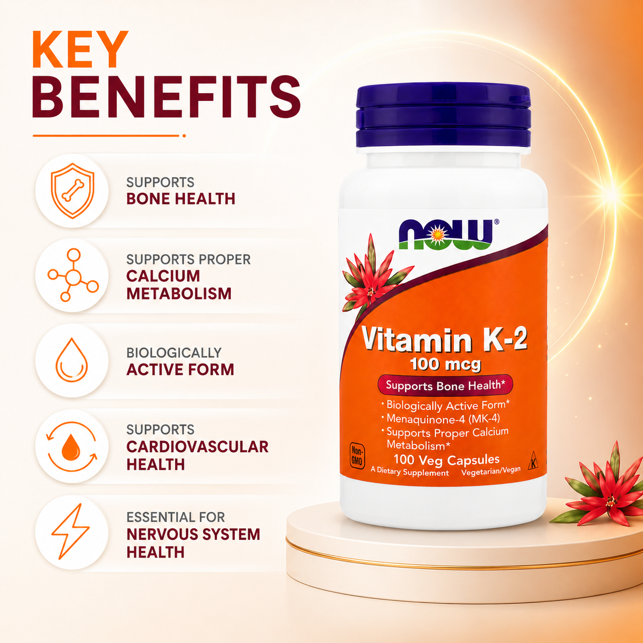 NOW Vitamin K-2 100 mcg 100 Veg Capsules dietary supplement for bone health support and proper calcium metabolism, vegetarian formula.