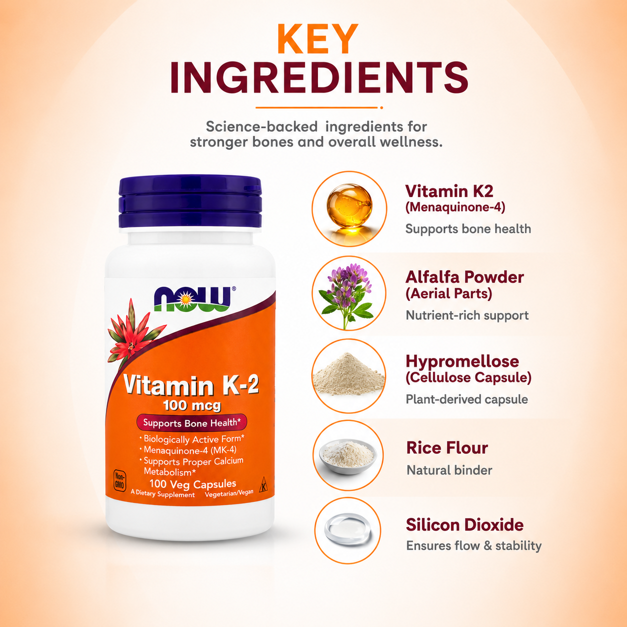 NOW Vitamin K-2 100 mcg 100 Veg Capsules dietary supplement for bone health support and proper calcium metabolism, vegetarian formula.