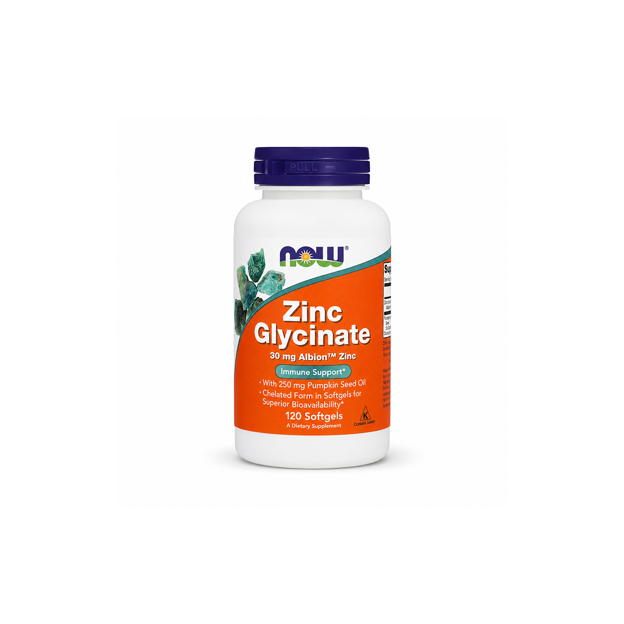 NOW Zinc Glycinate 30 mg Albion™ Zinc Immune Support With 250 mg Pumpkin Seed Oil 120 Softgels dietary supplement for daily immune support.