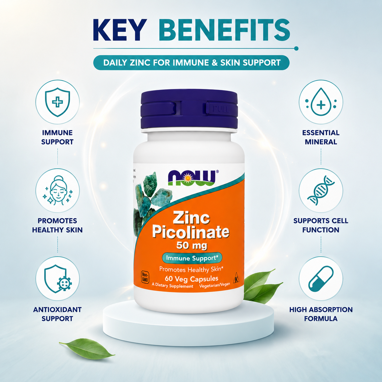 NOW Zinc Picolinate 50 mg Immune Support Promotes Healthy Skin 60 Veg Capsules dietary supplement with highly absorbable zinc formula.