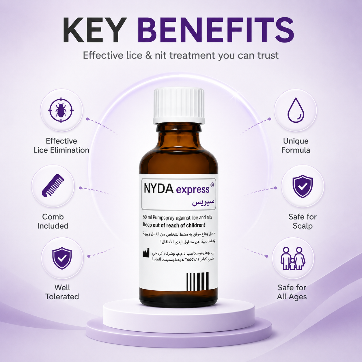 NYDA Express Pumpspray Against Lice and Nits Head Lice Treatment Pump Spray 50ml with dimeticone formula for effective lice and nit removal.