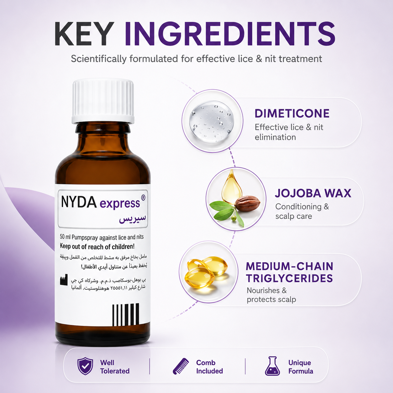 NYDA Express Pumpspray Against Lice and Nits Head Lice Treatment Pump Spray 50ml with dimeticone formula for effective lice and nit removal.