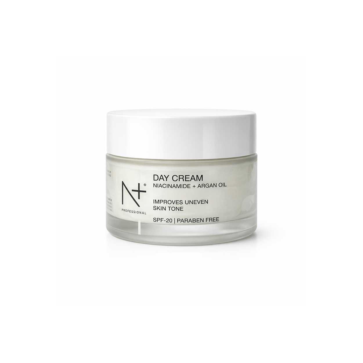 N+ Professional Day Cream Niacinamide Argan Oil SPF 20 face cream jar for brightening uneven skin tone and daily sun protection