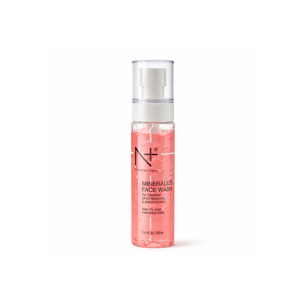 N+ Professional Mineralize Face Wash 100ml exfoliating cleanser with AHA for brightening and tan removal in a clear bottle
