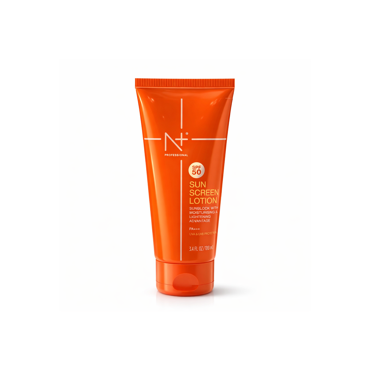 N+ Professional Sunscreen Lotion SPF 50 100ml tube providing broad spectrum UVA UVB protection with lightweight non-greasy finish