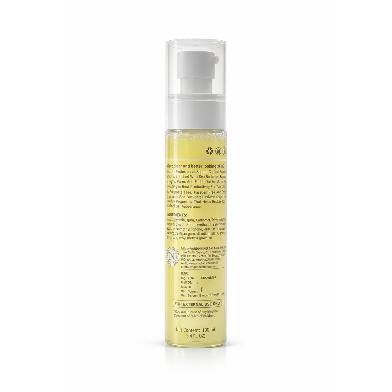 N+ Professional Sebum Control Facewash 100ml bottle for oily and acne-prone skin with salicylic acid for oil control and clear skin