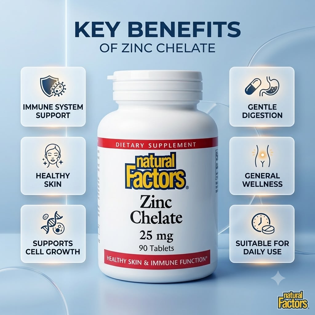 Natural Factors Zinc Chelate 25 mg 90 Tablets dietary supplement bottle supporting immune function and healthy skin with highly absorbable chelated zinc.