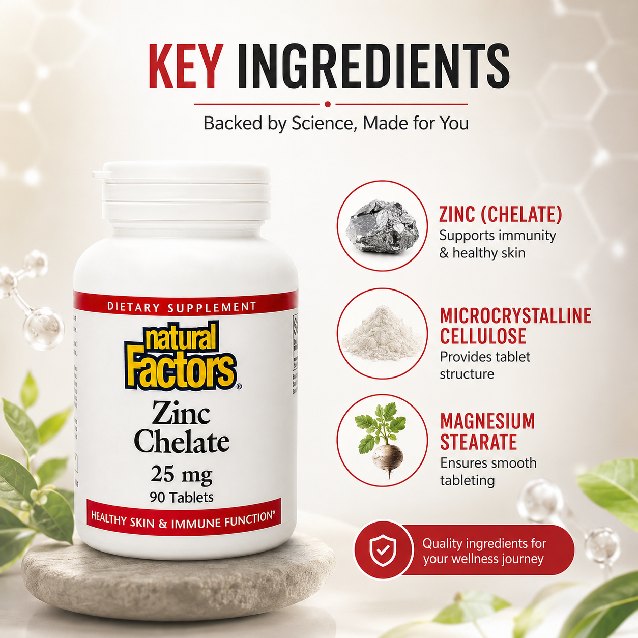 Natural Factors Zinc Chelate 25 mg 90 Tablets dietary supplement bottle supporting immune function and healthy skin with highly absorbable chelated zinc.