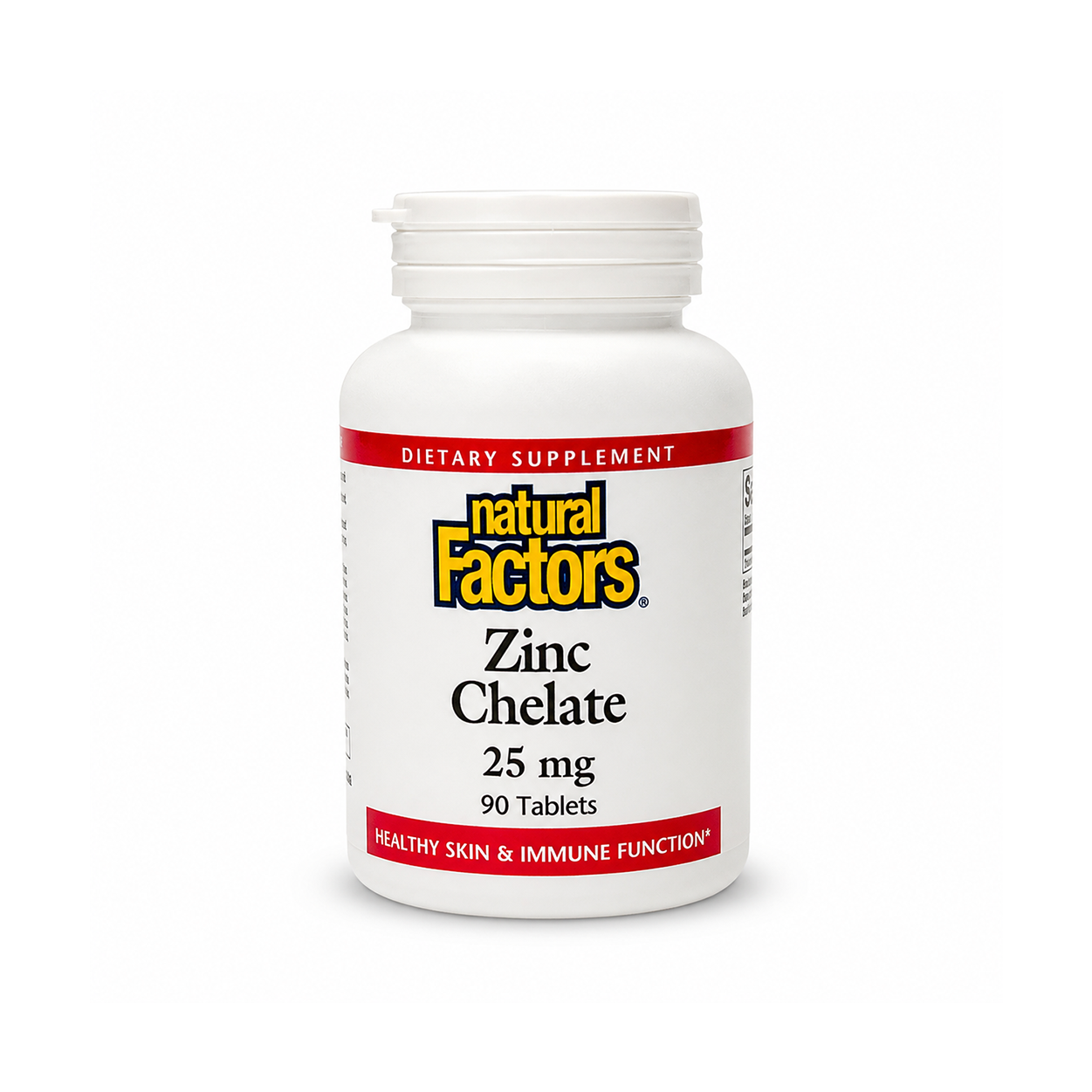 Natural Factors Zinc Chelate 25 mg 90 Tablets dietary supplement bottle supporting immune function and healthy skin with highly absorbable chelated zinc.