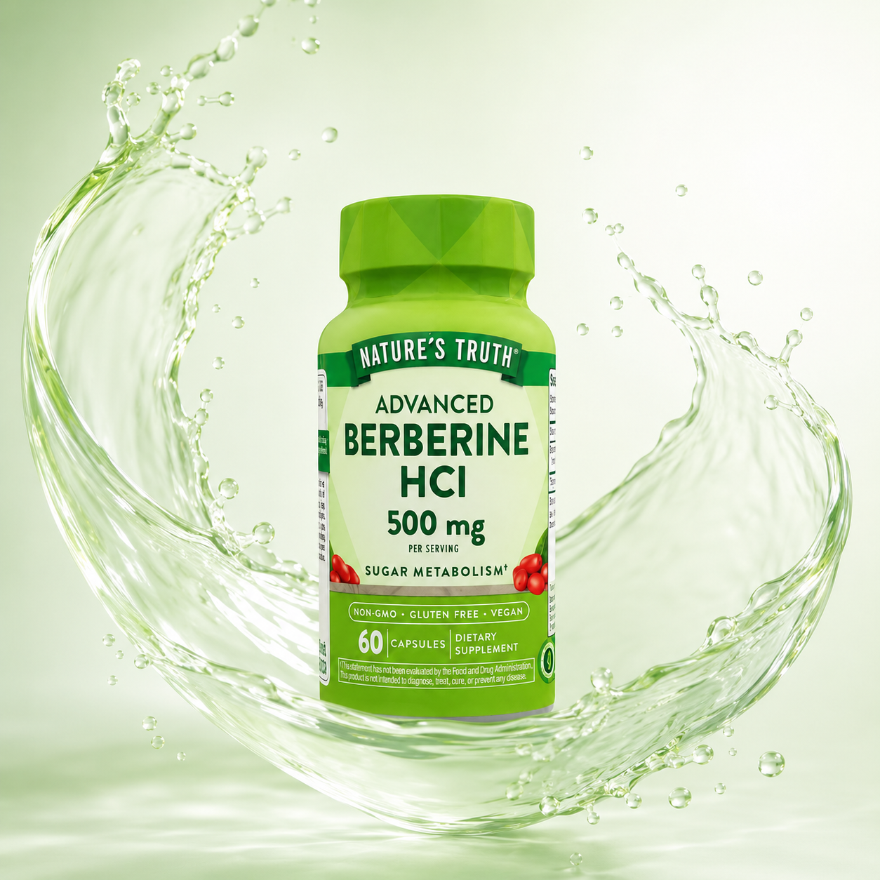 Nature’s Truth Advanced Berberine HCl 500mg dietary supplement capsules for sugar metabolism support, 60 capsules