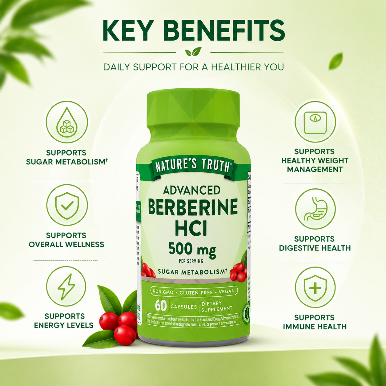 Nature’s Truth Advanced Berberine HCl 500mg dietary supplement capsules for sugar metabolism support, 60 capsules
