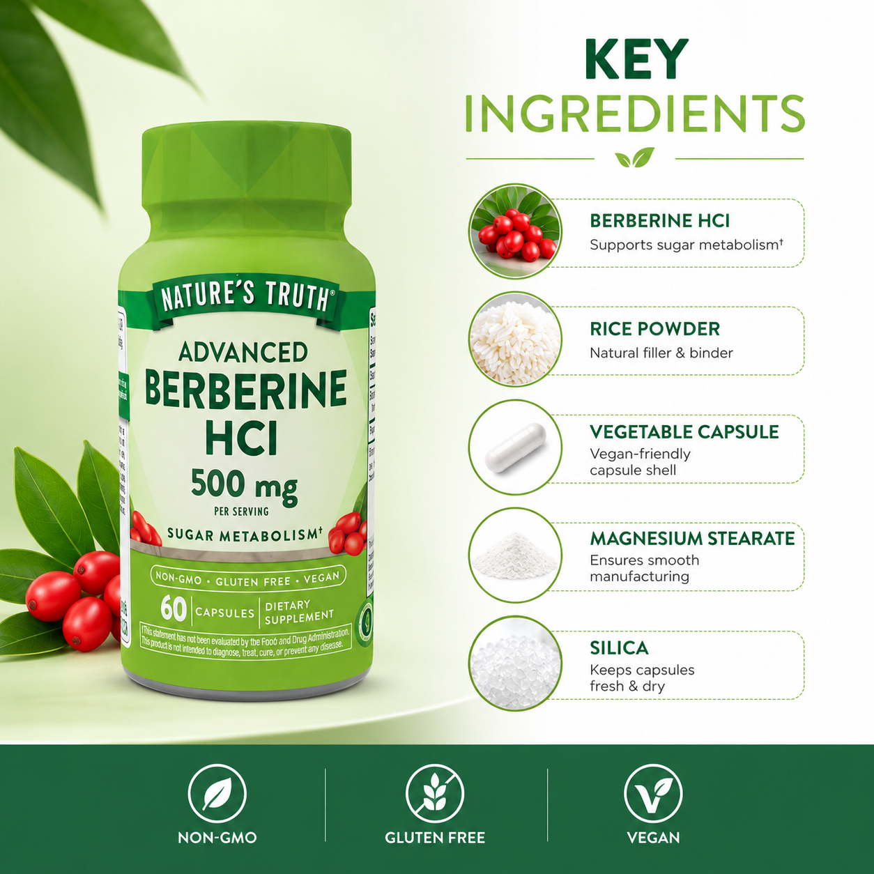 Nature’s Truth Advanced Berberine HCl 500mg dietary supplement capsules for sugar metabolism support, 60 capsules