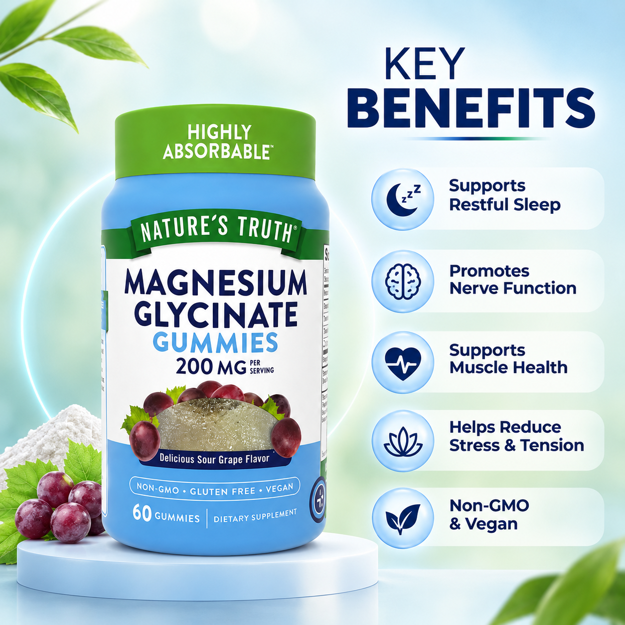 Nature's Truth Magnesium Glycinate Gummies 200mg Per Serving 60 Gummies dietary supplement supporting muscle, sleep, and nerve health.