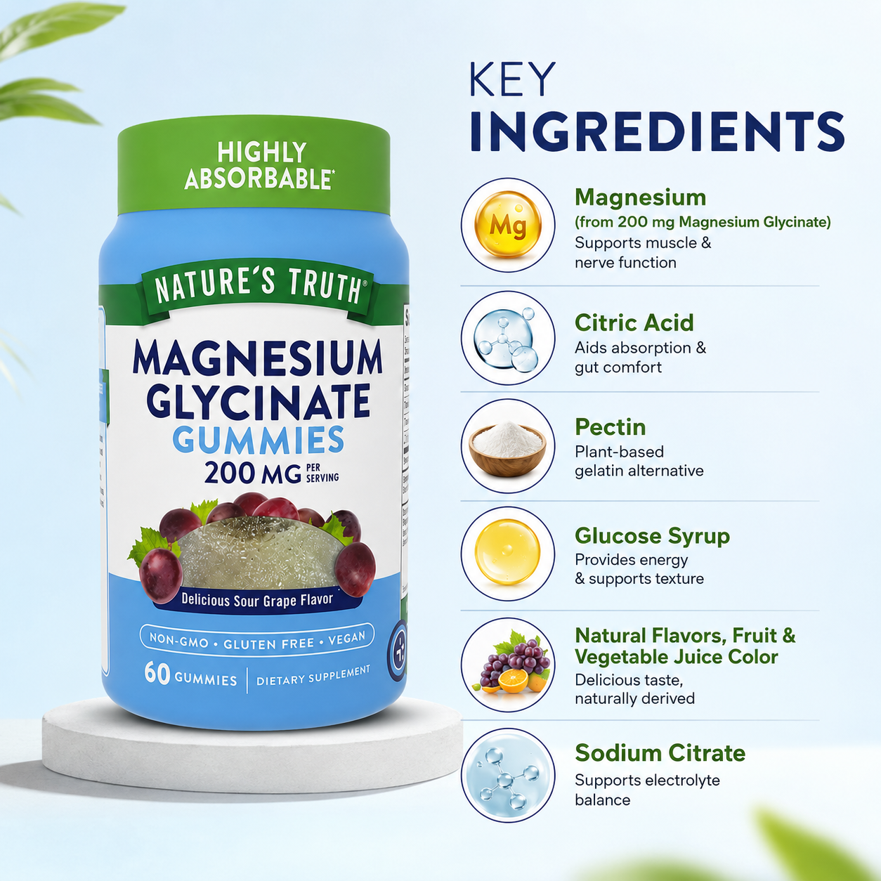 Nature's Truth Magnesium Glycinate Gummies 200mg Per Serving 60 Gummies dietary supplement supporting muscle, sleep, and nerve health.