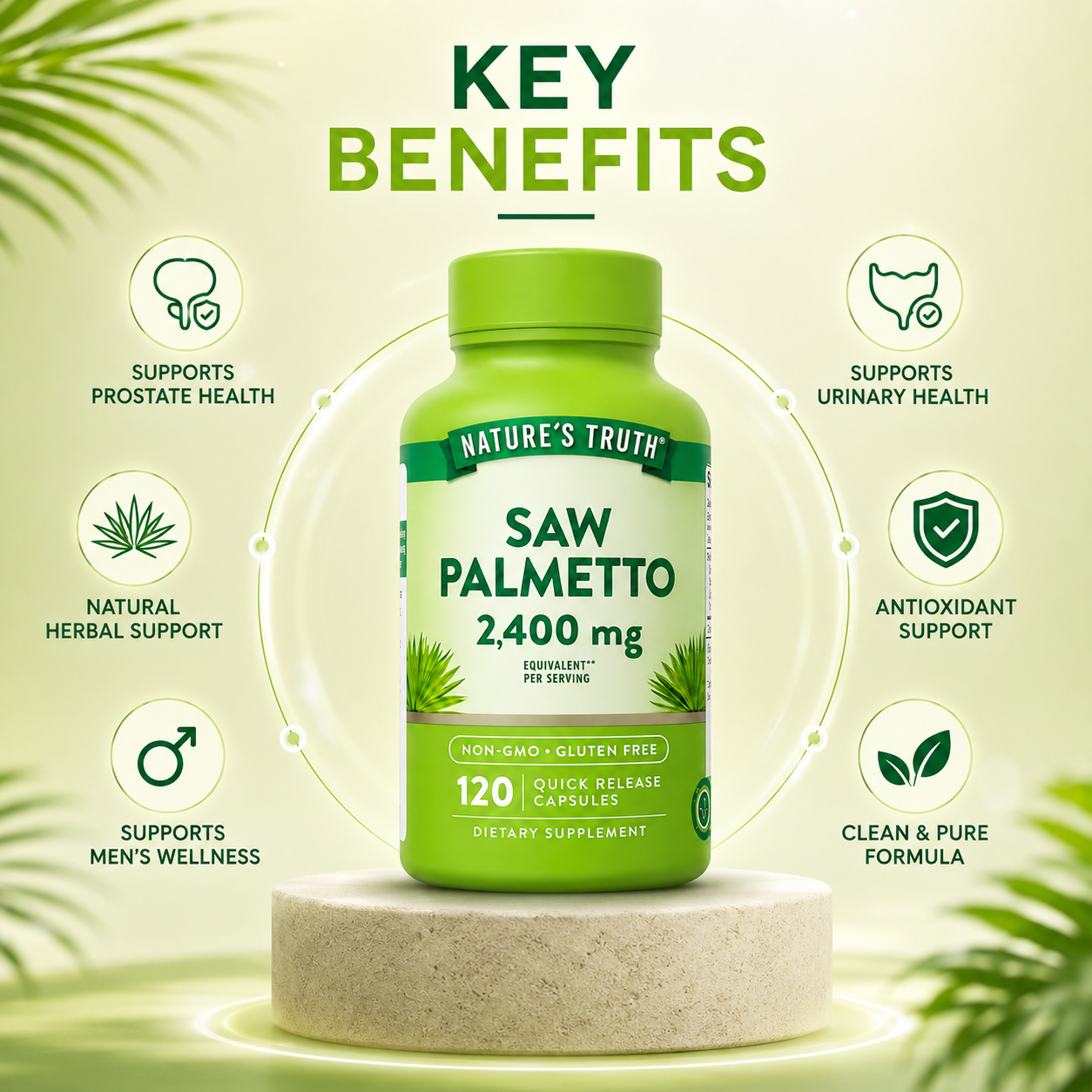 Nature’s Truth Saw Palmetto 2400 mg quick release capsules bottle 120 count herbal supplement for men’s prostate and urinary health support