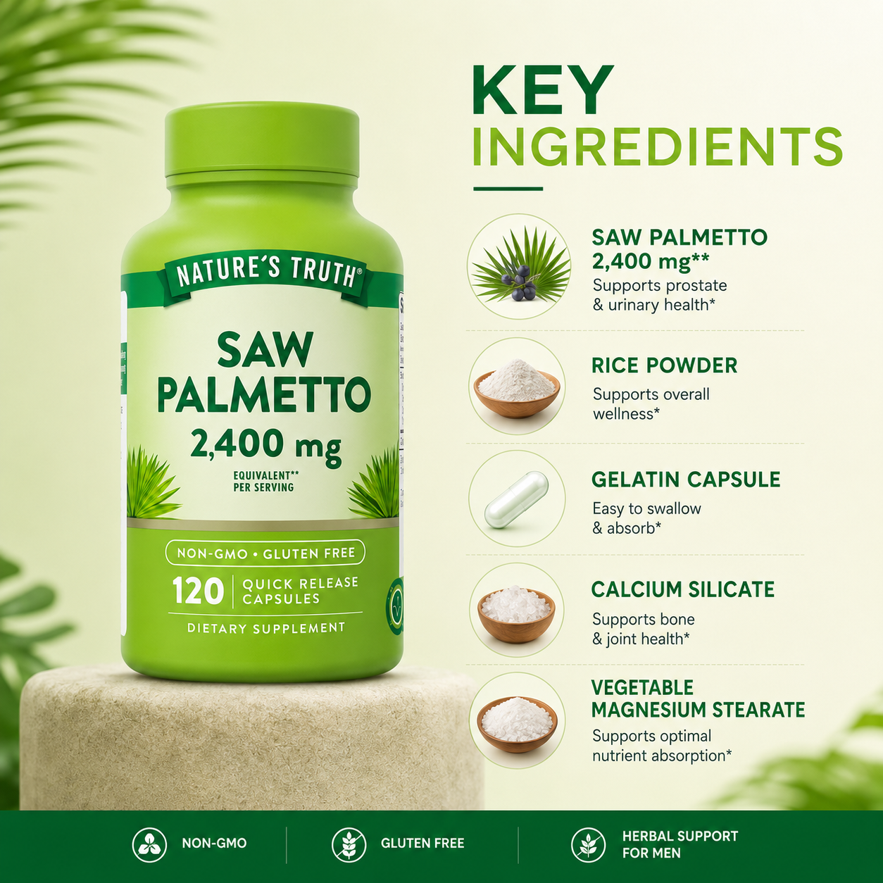 Nature’s Truth Saw Palmetto 2400 mg quick release capsules bottle 120 count herbal supplement for men’s prostate and urinary health support