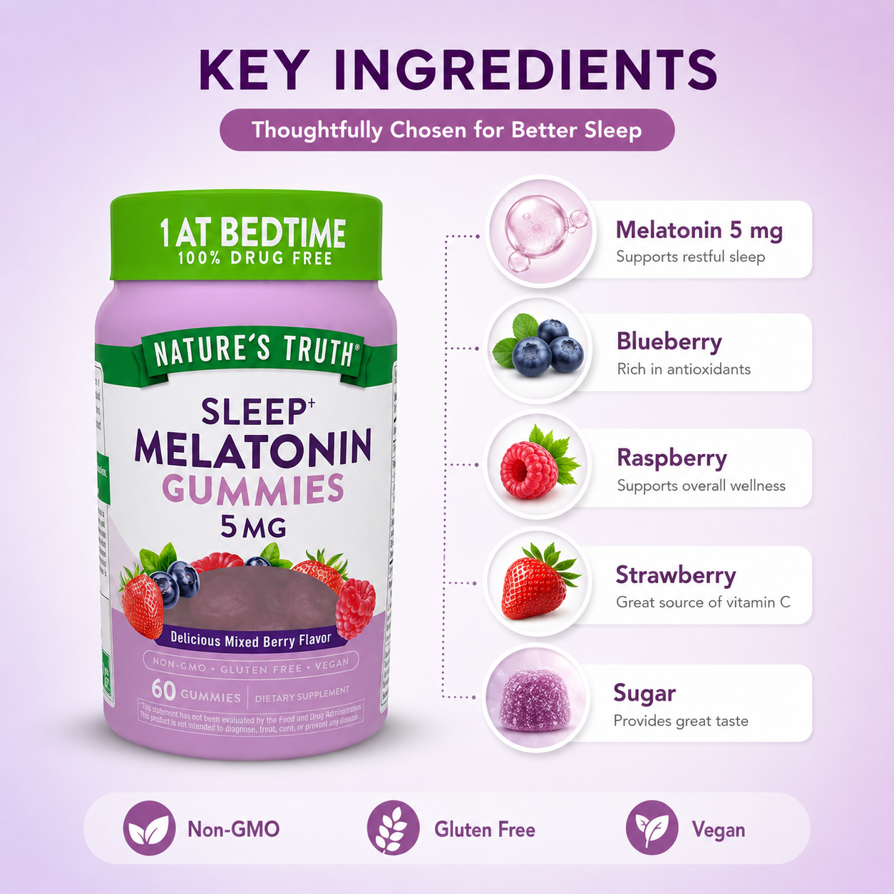 Nature’s Truth Sleep+ Melatonin Gummies 5MG 60 Gummies for restful nighttime sleep support and bedtime relaxation