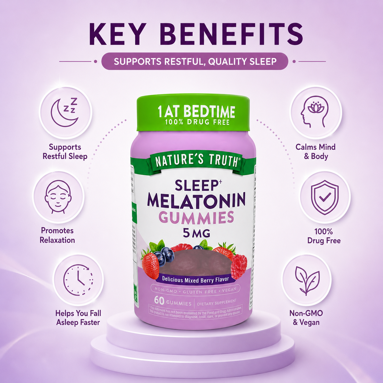 Nature’s Truth Sleep+ Melatonin Gummies 5MG 60 Gummies for restful nighttime sleep support and bedtime relaxation