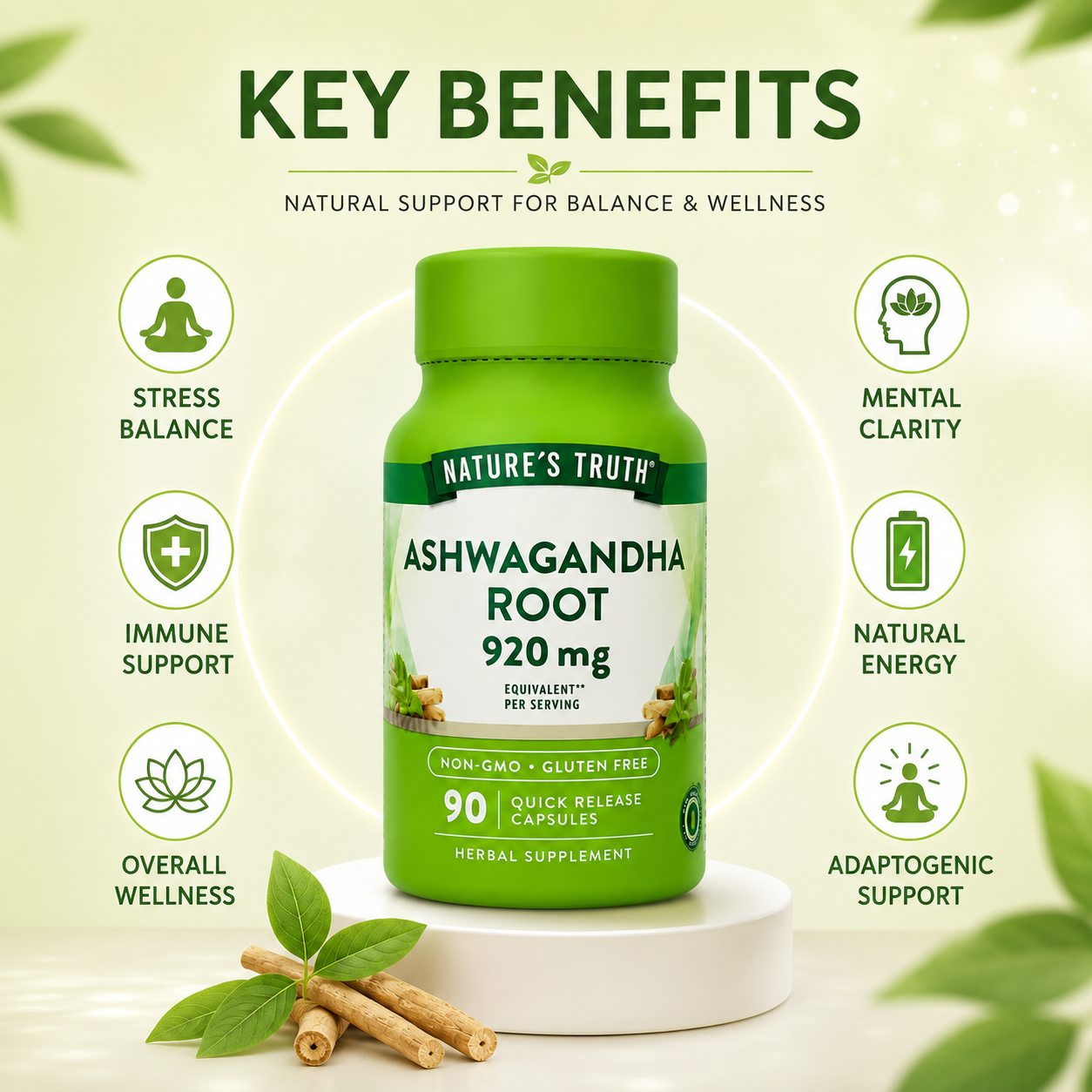 Nature’s Truth Ashwagandha Root 920mg quick release herbal supplement capsules for stress balance and mental wellness 90 capsules