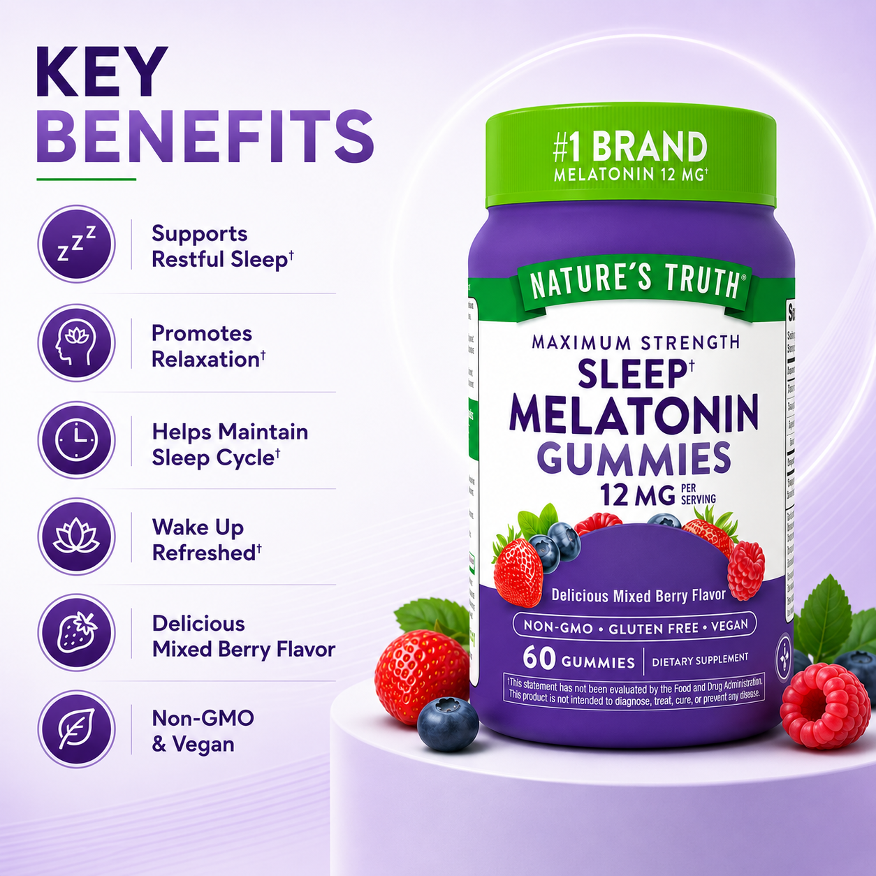 Nature’s Truth Sleep Melatonin Gummies 12mg 60 Gummies sleep support supplement for restful sleep and nighttime relaxation