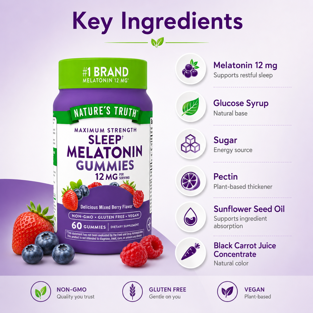Nature’s Truth Sleep Melatonin Gummies 12mg 60 Gummies sleep support supplement for restful sleep and nighttime relaxation