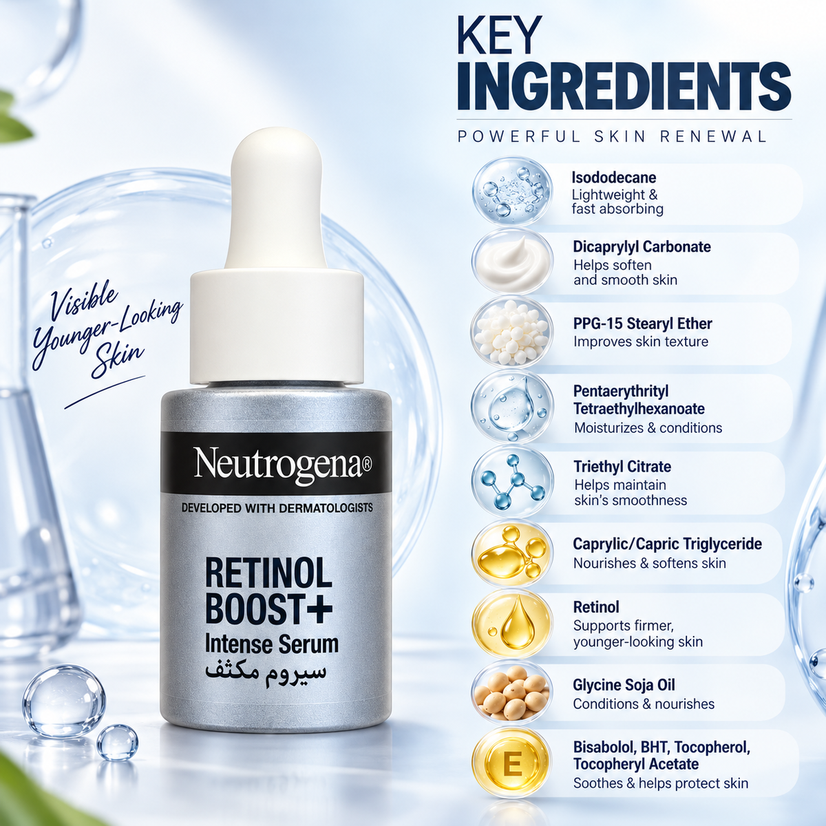 Neutrogena Retinol Boost+ Intense Serum 30ml, concentrated retinol face serum for smoother, firmer-looking skin