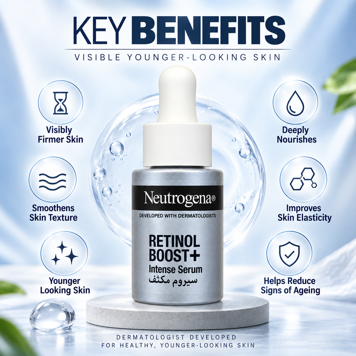 Neutrogena Retinol Boost+ Intense Serum 30ml, concentrated retinol face serum for smoother, firmer-looking skin
