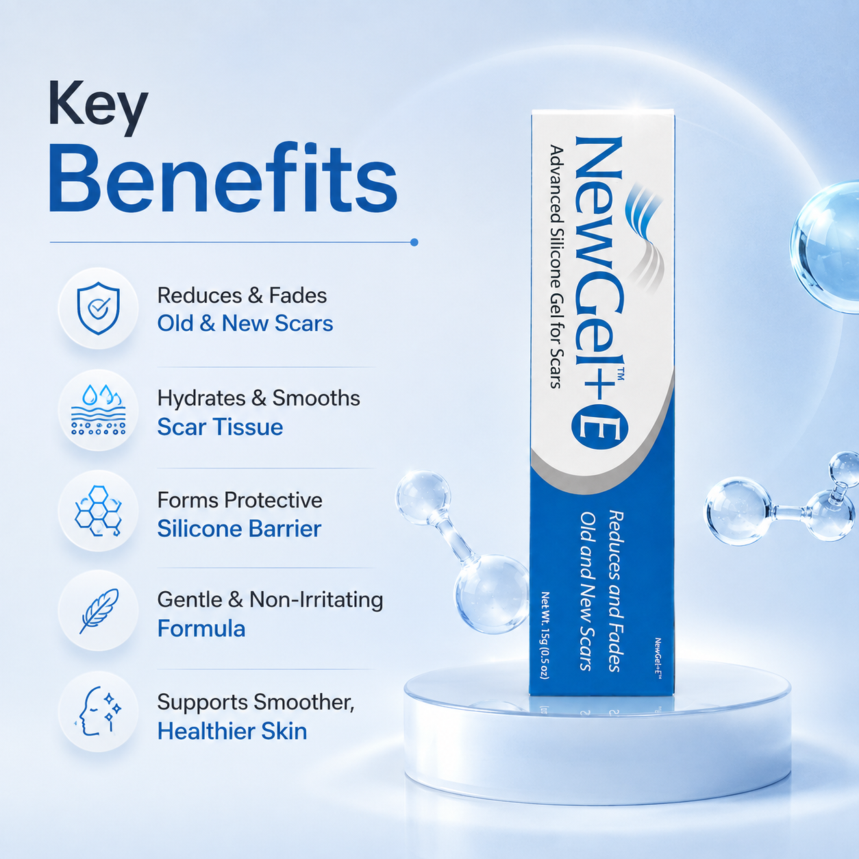 NewGel+E Advanced Silicone Gel for Scars 15g silicone scar gel tube that helps reduce the appearance of old and new scars.