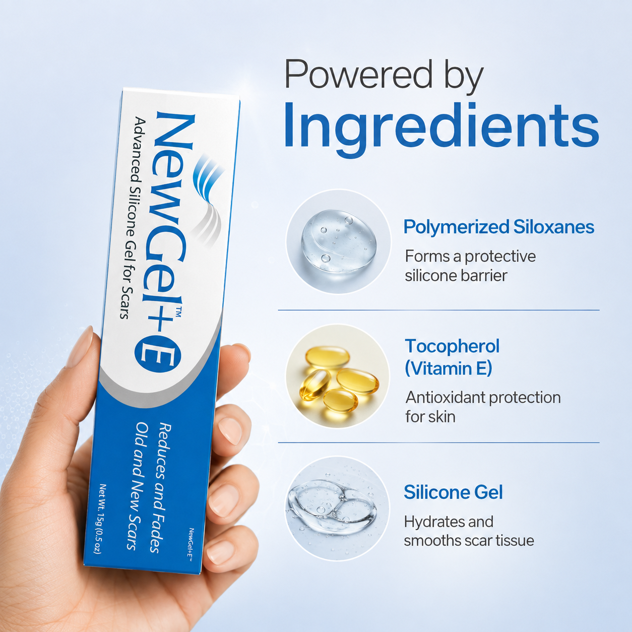 NewGel+E Advanced Silicone Gel for Scars 15g silicone scar gel tube that helps reduce the appearance of old and new scars.