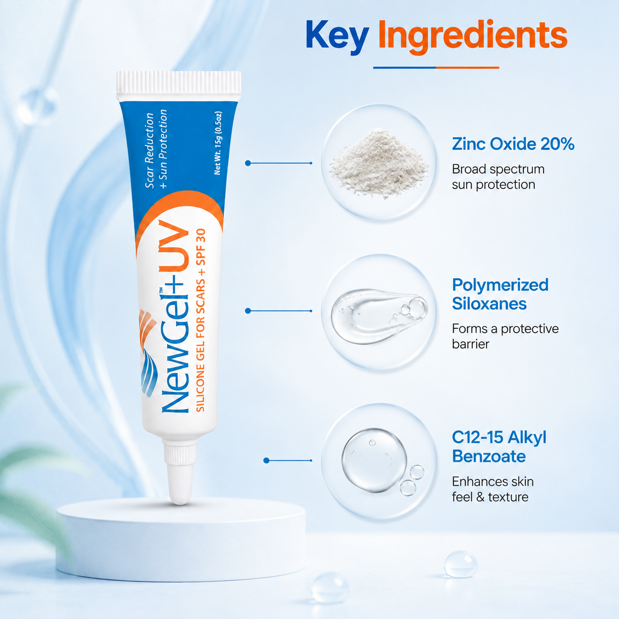 NewGel+UV Silicone Gel for Scars + SPF 30 15g silicone scar gel that helps reduce scar appearance while providing SPF 30 sun protection.