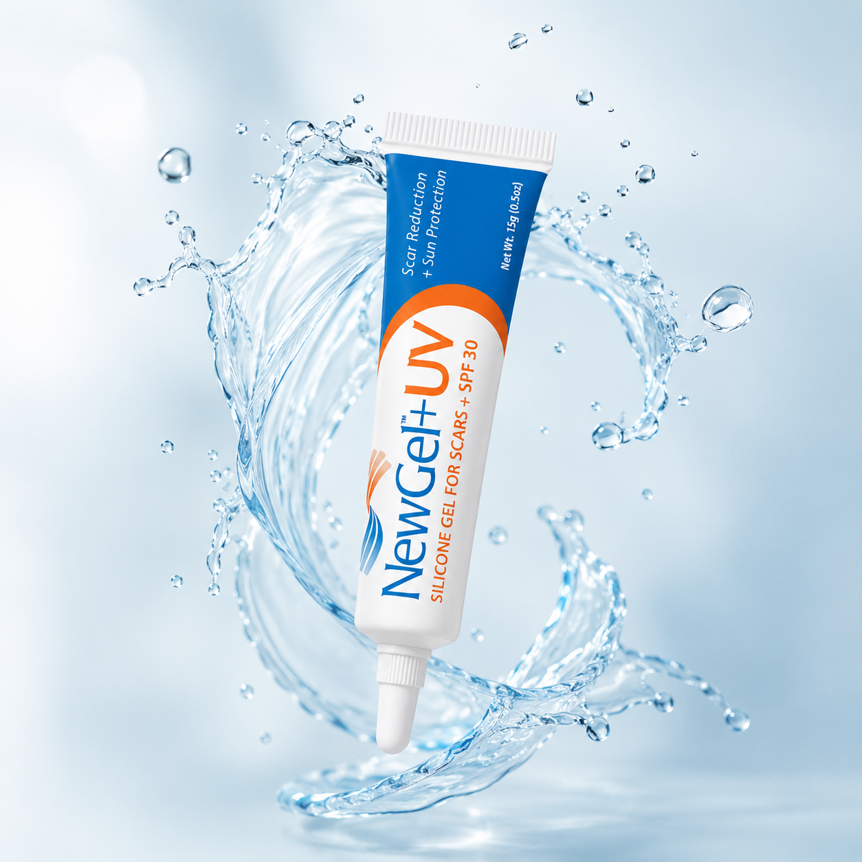 NewGel+UV Silicone Gel for Scars + SPF 30 15g silicone scar gel that helps reduce scar appearance while providing SPF 30 sun protection.