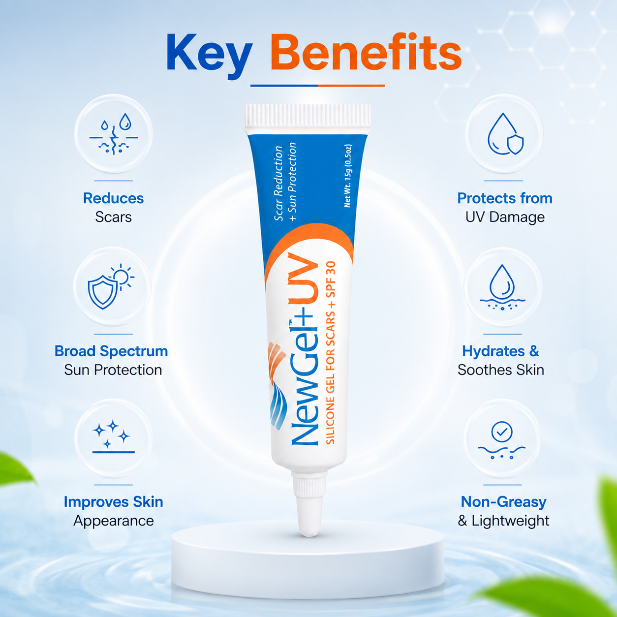 NewGel+UV Silicone Gel for Scars + SPF 30 15g silicone scar gel that helps reduce scar appearance while providing SPF 30 sun protection.