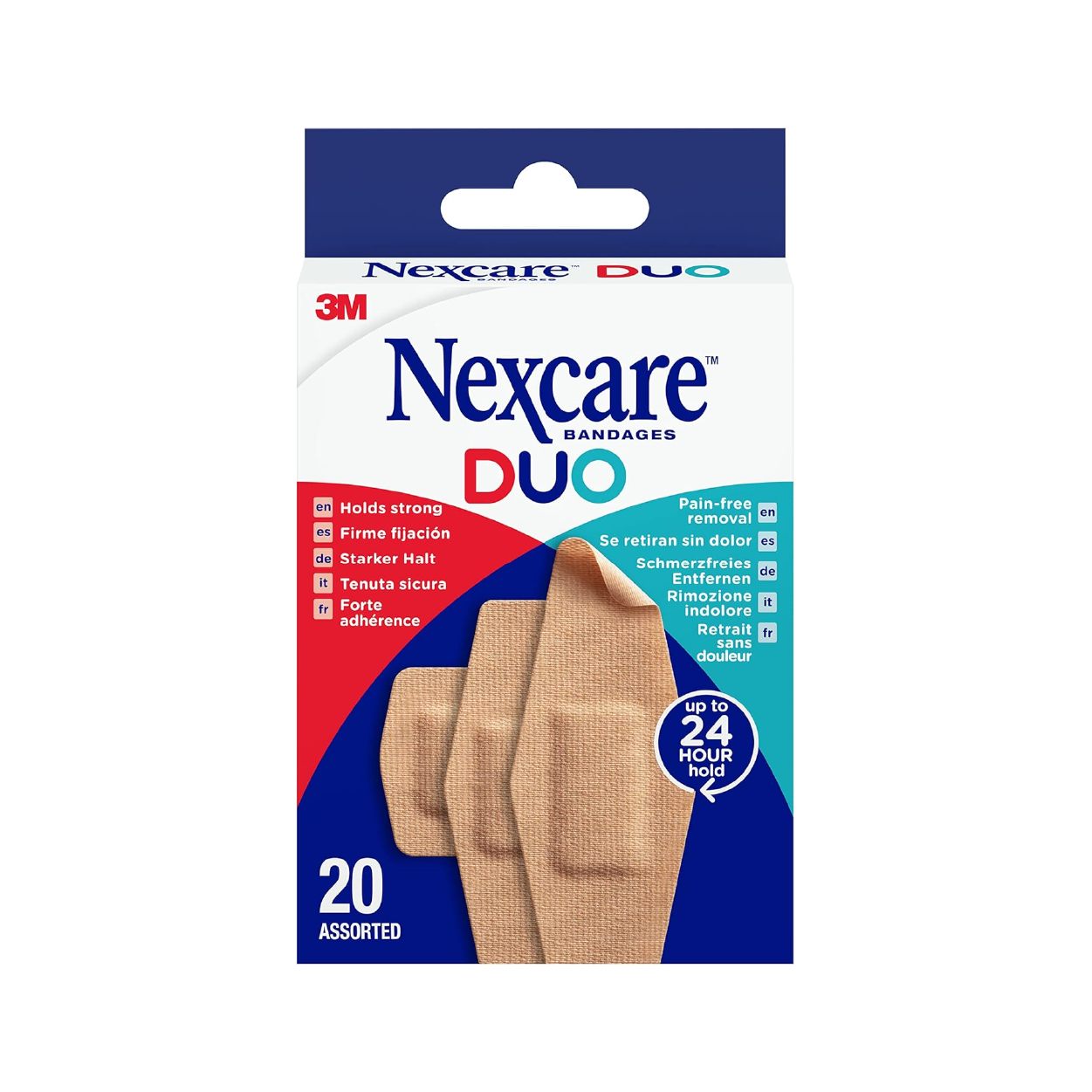 3M Nexcare Duo Bandages 20 Assorted silicone adhesive fabric bandages with pain-free removal and flexible breathable protection