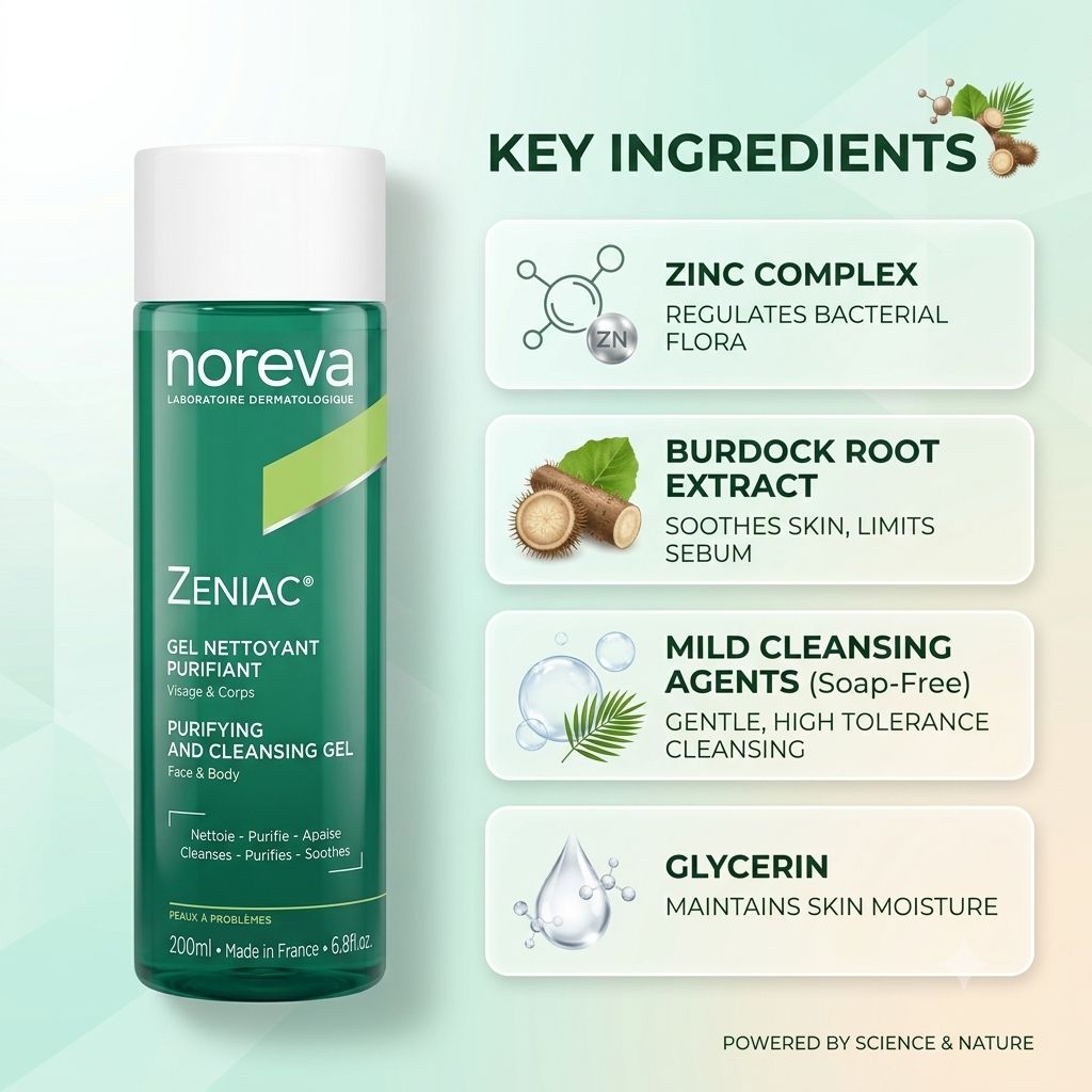 Noreva Zeniac Purifying And Cleansing Gel Face & Body 200ml acne cleansing gel that removes excess oil and purifies blemish-prone skin.
