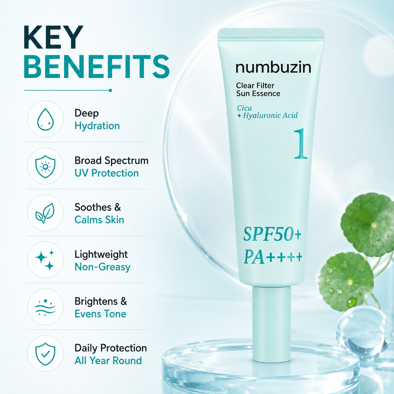 Numbuzin No.1 Clear Filter Sun Essence SPF50+ PA++++ 50ml facial sunscreen providing lightweight hydration and broad-spectrum UV protection.