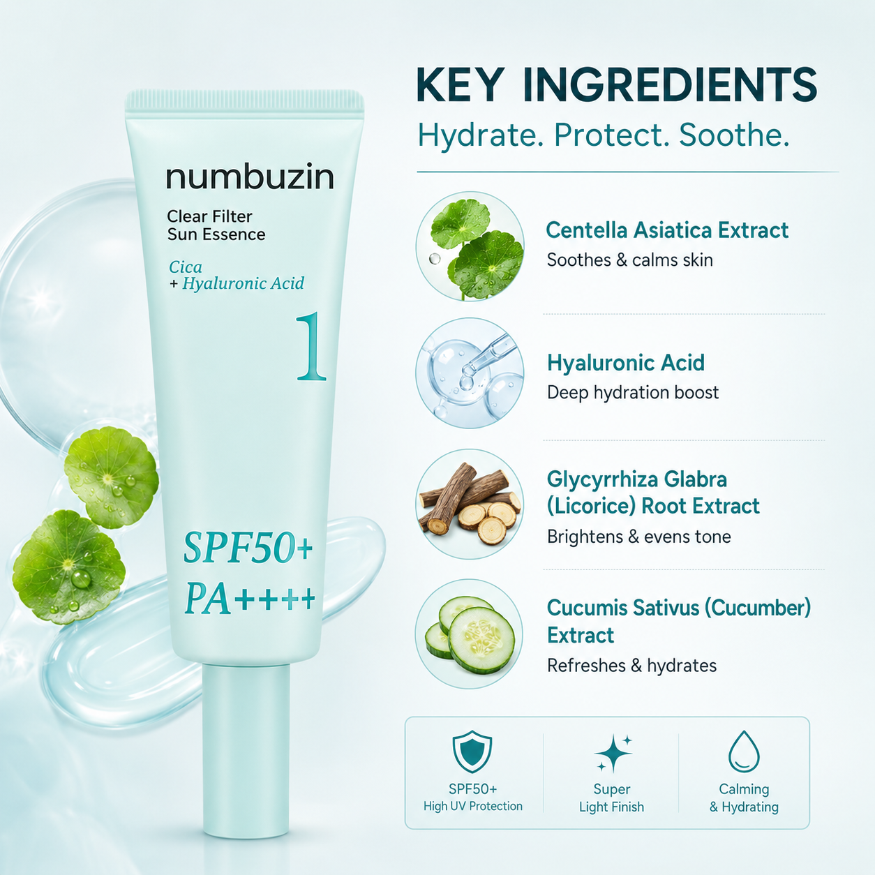 Numbuzin No.1 Clear Filter Sun Essence SPF50+ PA++++ 50ml facial sunscreen providing lightweight hydration and broad-spectrum UV protection.