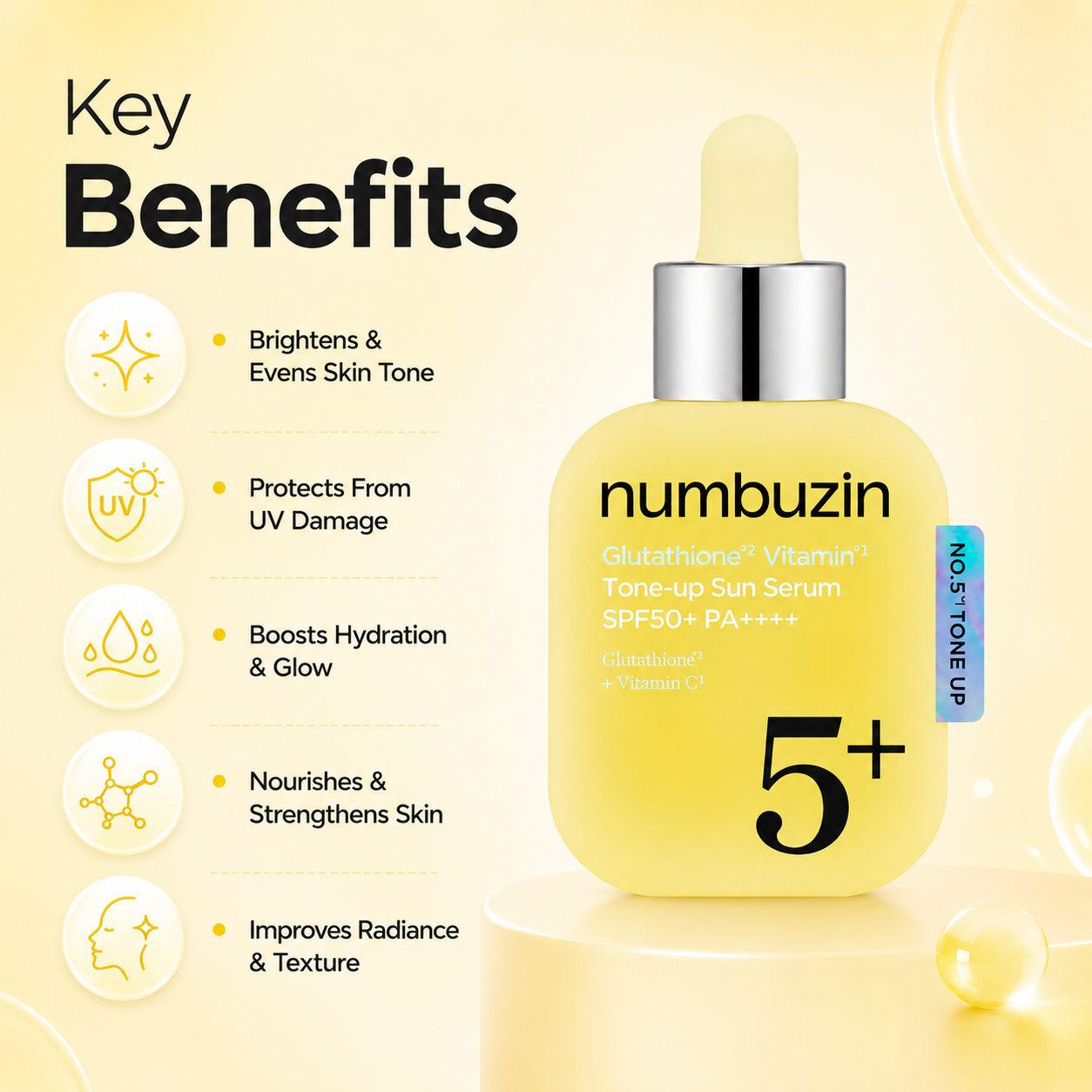 Numbuzin No.5 Glutathione Vitamin Tone-Up Sun Serum SPF50+ PA++++ 30ml lightweight brightening sunscreen serum