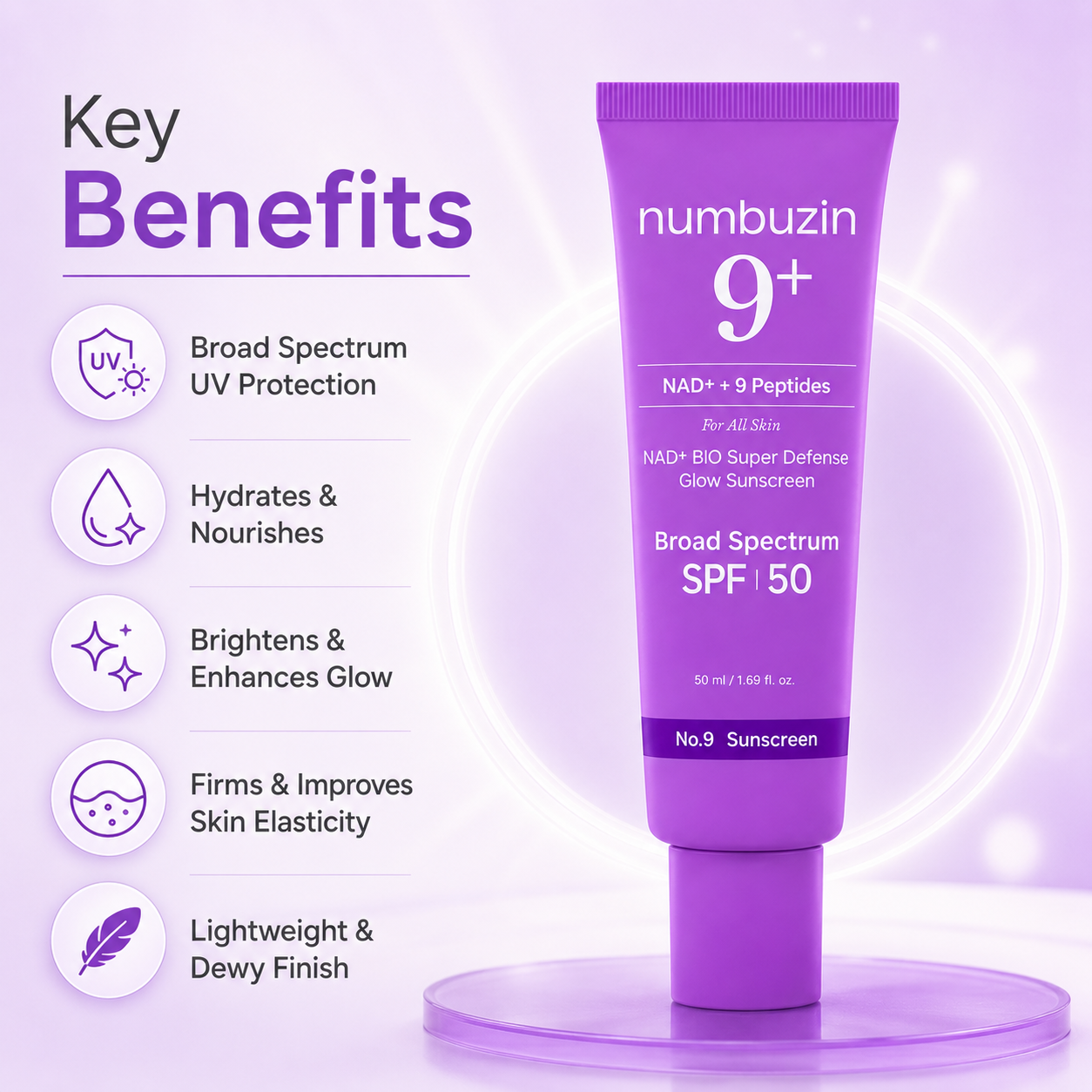 Numbuzin No.9 NAD+ Peptides Dewy Sun Essence SPF50+ PA++++ 50ml lightweight sunscreen for daily UV protection and glow