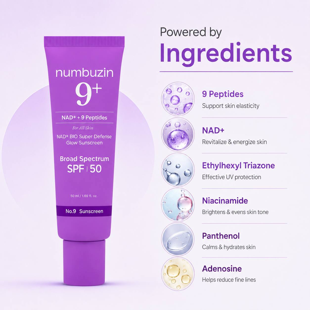 Numbuzin No.9 NAD+ Peptides Dewy Sun Essence SPF50+ PA++++ 50ml lightweight sunscreen for daily UV protection and glow