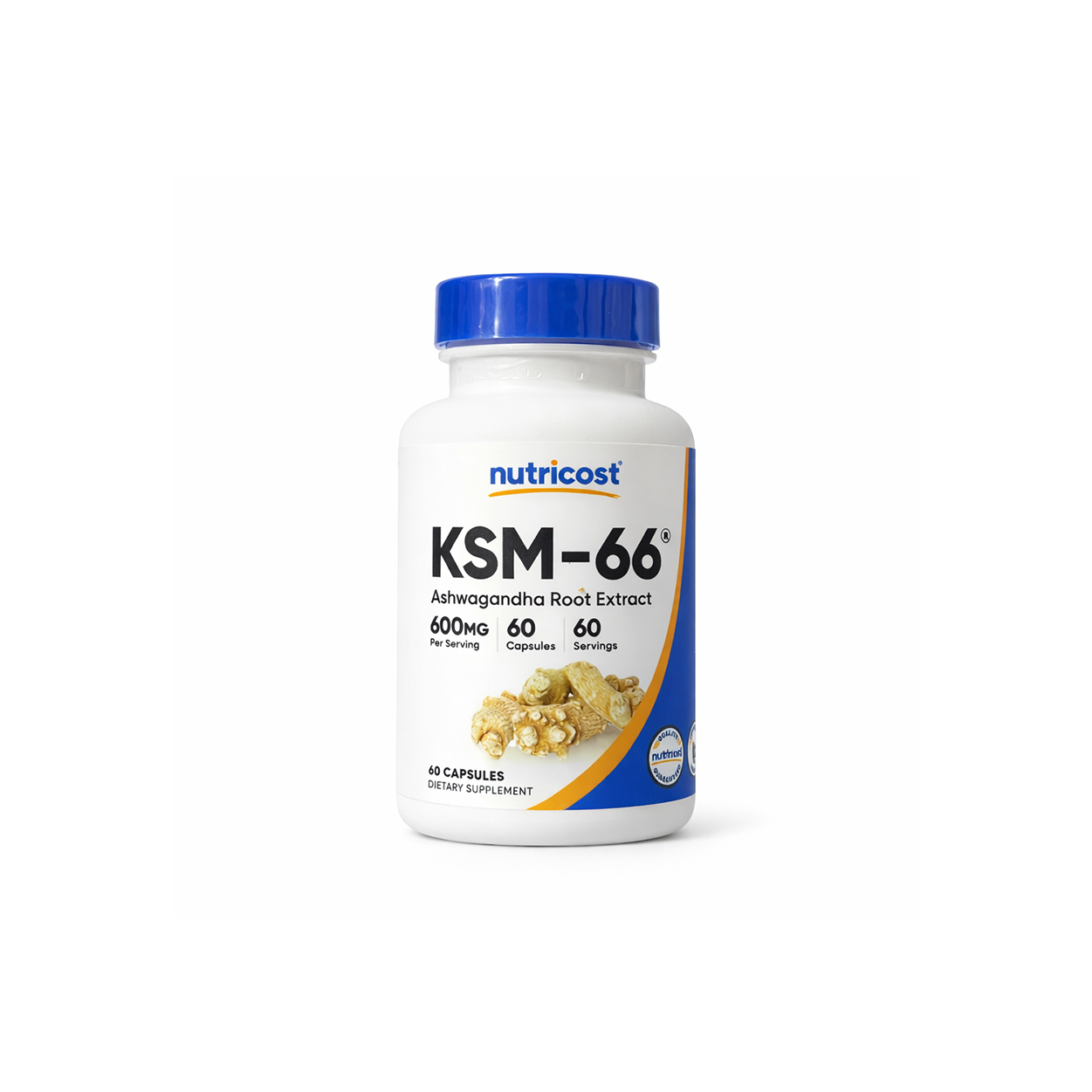 Nutricost KSM-66 Ashwagandha Root Extract 600mg capsules bottle, herbal supplement for stress relief and energy support, 60 capsules