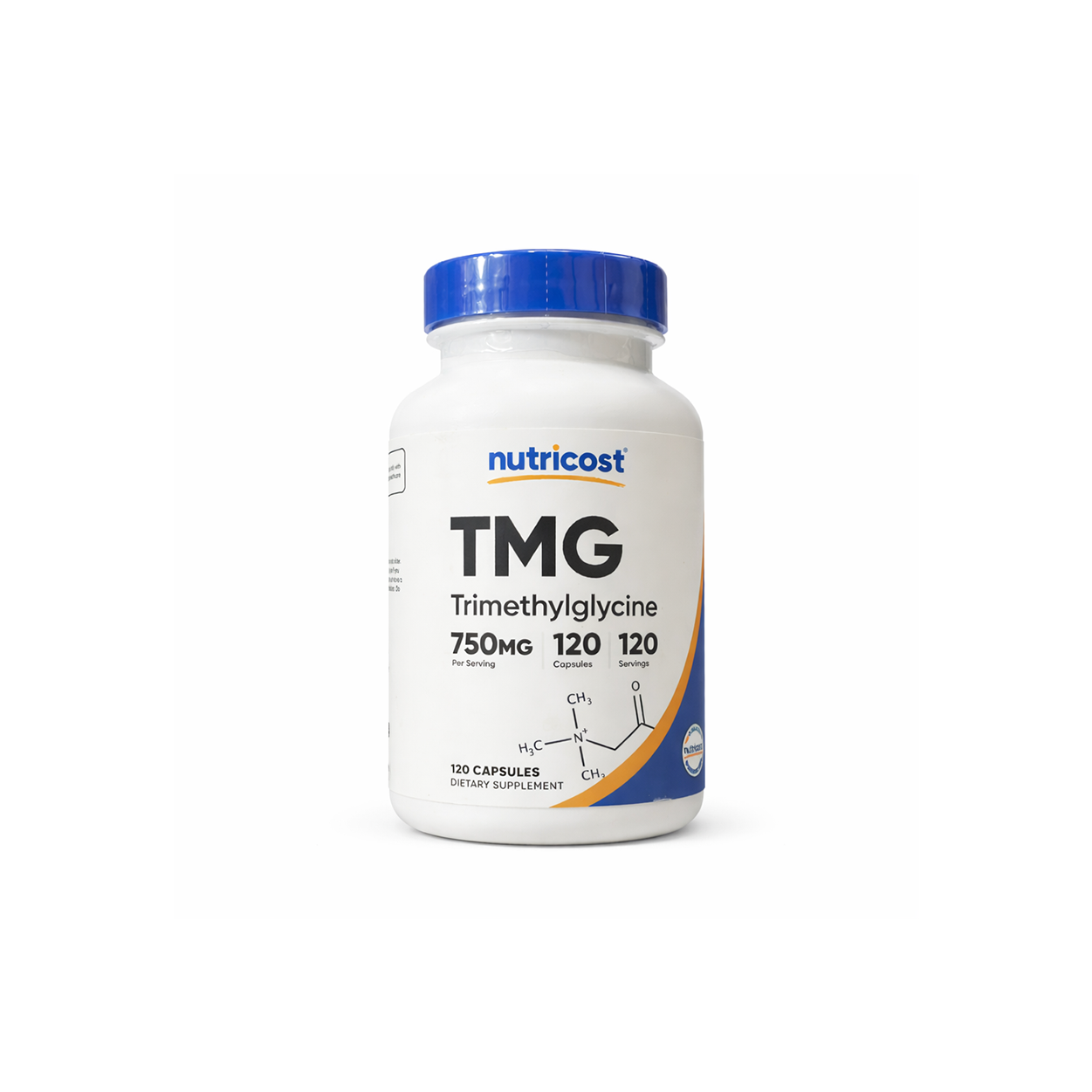 Nutricost TMG Trimethylglycine 750mg dietary supplement capsules bottle for methylation and homocysteine support, 120 capsules packaging shown.