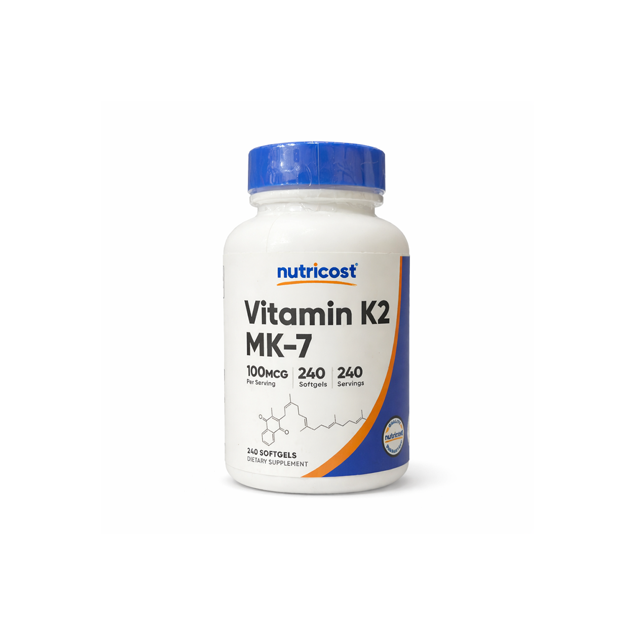 Nutricost Vitamin K2 MK-7 100mcg 240 softgels dietary supplement bottle supporting bone health and calcium metabolism.