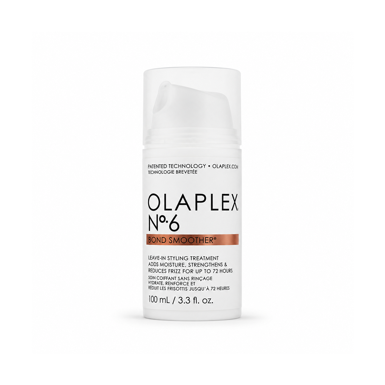 OLAPLEX No.6 Bond Smoother Leave-In Hair Treatment 100ml bottle for frizz control, smoothing flyaways, and strengthening damaged hair.